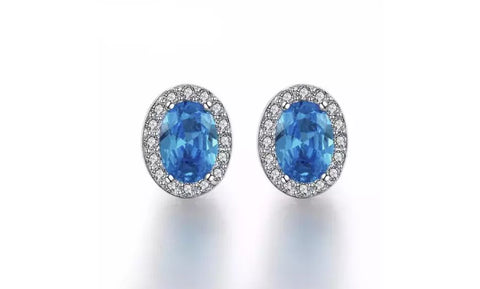 18K White Gold Plated Oval Cut Blue CZ Crystal Stud Earrings
