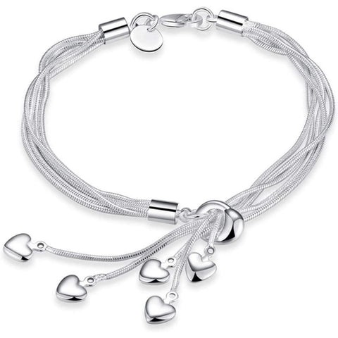 925 Sterling Silver Five-Line Chain with Five-Heart Bracelet Bangle