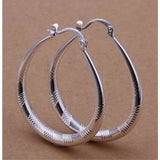 925 Sterling Silver Oval Striped Etched Hoop Pierced Earrings 