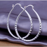 925 Sterling Silver Women’s Diamond Cut Etched Oval Silver Hoop Pierced Earrings