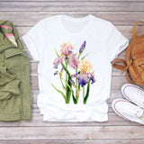 Women Flower Short Sleeve Print Floral Watercolor Shirt Top Graphic Tee T-Shirt CZ21860 / S