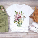 Women Flower Short Sleeve Print Floral Watercolor Shirt Top Graphic Tee T-Shirt CZ21844 / L