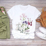Women Flower Short Sleeve Print Floral Watercolor Shirt Top Graphic Tee T-Shirt CZ21849 / M