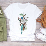 Women Short Sleeve Dream Feather Fashion Print Top T Shirt Graphic Tee T-Shirt CZ25471 / L