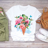 Women Short Sleeve Dream Feather Fashion Print Top T Shirt Graphic Tee T-Shirt CZ9056 / L