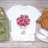 Women Short Sleeve Floral Flower Fashion Top T Shirt Graphic Tee T-Shirt CZ22541 / XXL