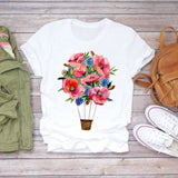 Women Short Sleeve Floral Flower Fashion Top T Shirt Graphic Tee T-Shirt CZ22542 / S