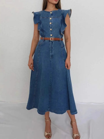 Button-Front Ruffle Sleeve Denim Midi Dress – Jewelry Celebrity