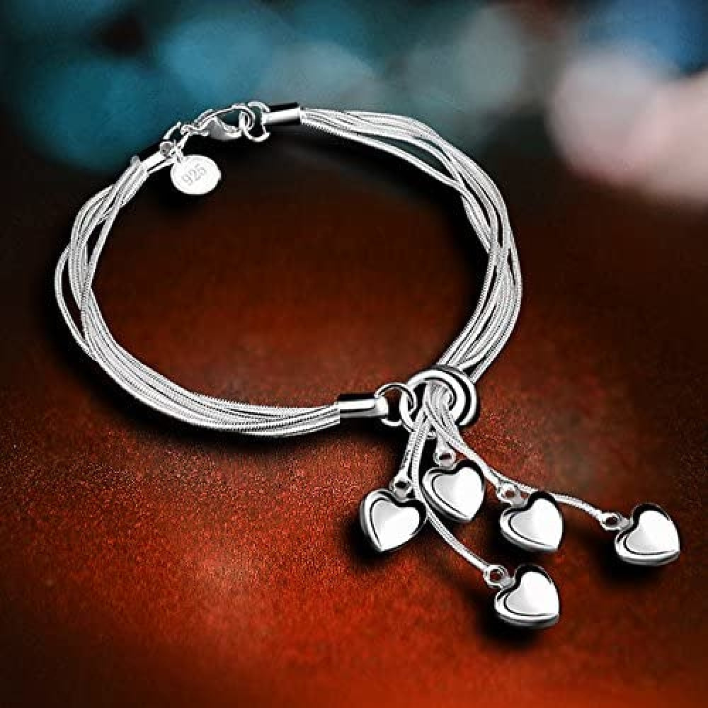 925 Sterling Silver Five Heart Bracelet