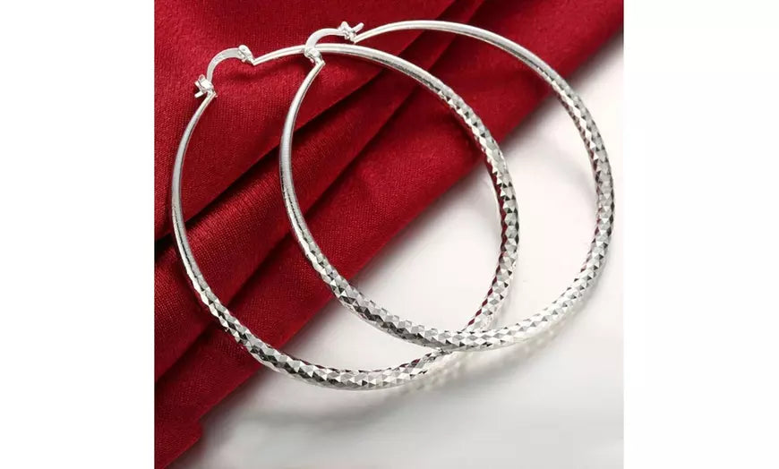 925 Sterling Silver Diamond-Cut Round Hoop Earrings