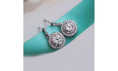 Diamond Silver Double Row Halo Drop Earrings