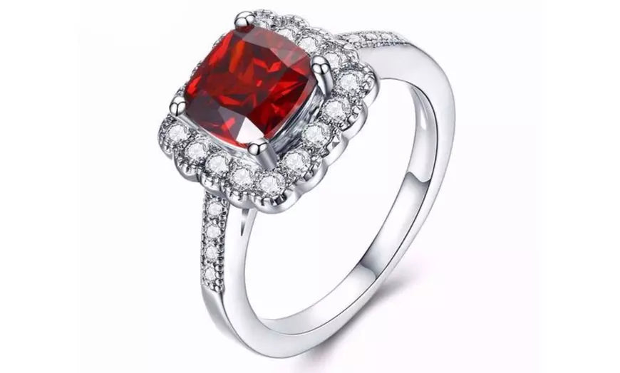 Red CZ Crystal Cushion Cut White Gold Plated Ring