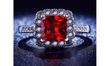 Red CZ Crystal Cushion Cut White Gold Plated Ring