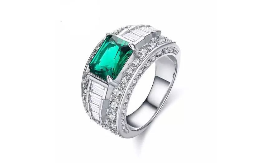 Green CZ Crystal Emerald Cut White Gold Plated Ring