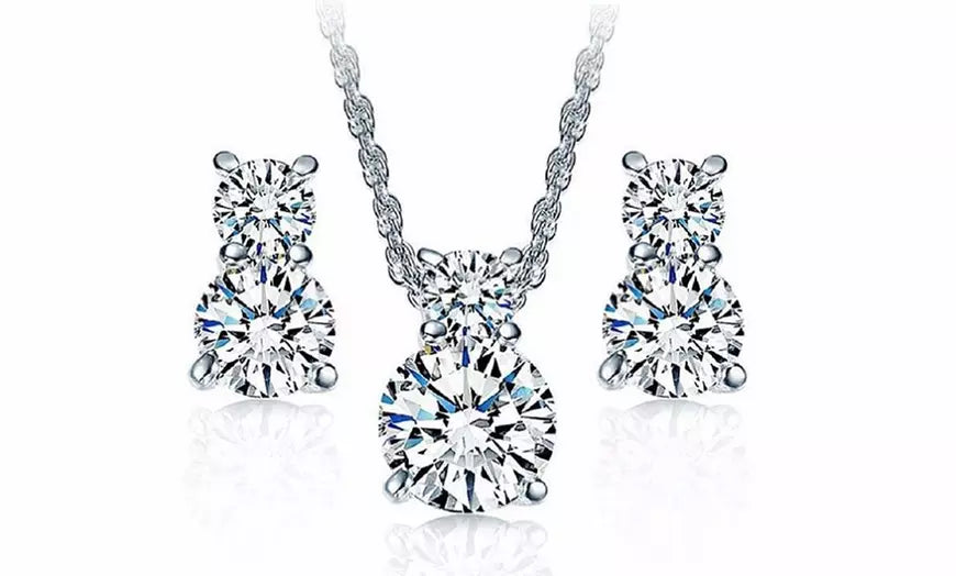 Cubic Zirconia Double Love Earrings and Necklace Set