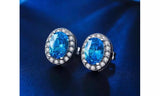 White Gold Plated Oval Cut Blue CZ Crystal Stud Earrings