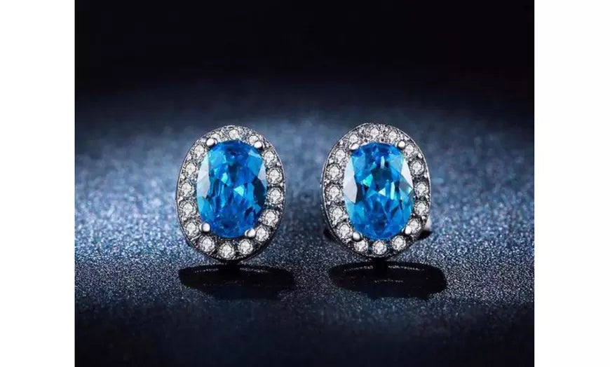 White Gold Plated Oval Cut Blue CZ Crystal Stud Earrings