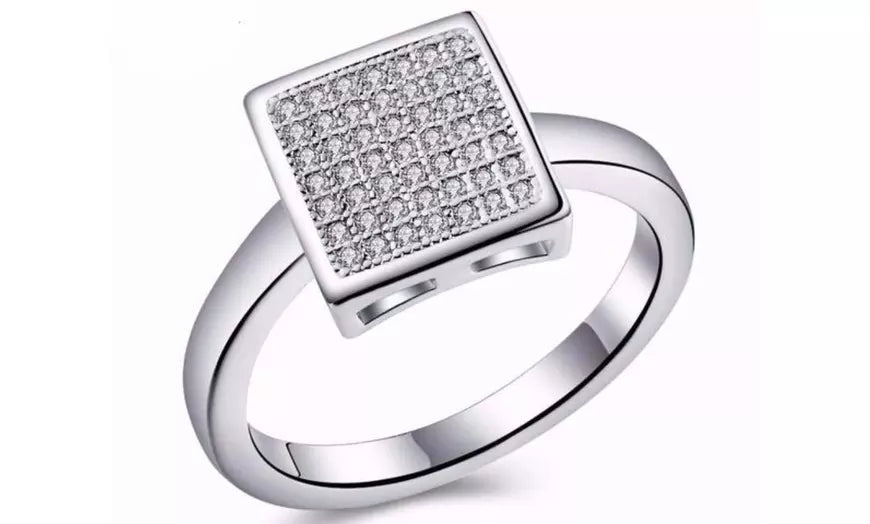 Micro Paved CZ Crystal Square White Gold Plated Ring
