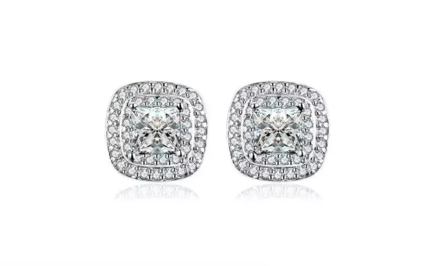 Princess Cut Double Row Cubic Zirconia Crystals Stud Earrings