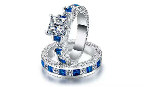 2Pcs Blue Sapphire Wedding Engagement Band Ring Set