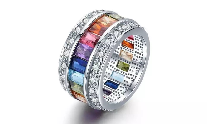 Rainbow Cubic Zirconia White Gold Plated Band Ring
