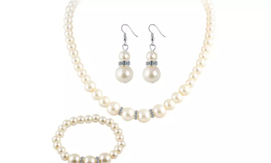 White Pearl Necklace Bracelet Stud/Drop Earrings Jewelry Set