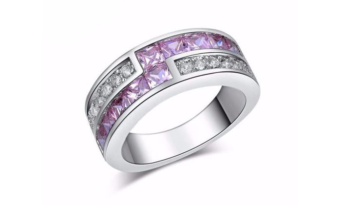 White Gold Plated Purple CZ Crystal Engagement Band Ring