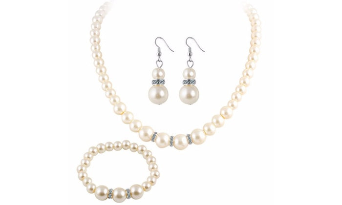 Faux White Pearl Necklace Bracelet & Drop Earring Set