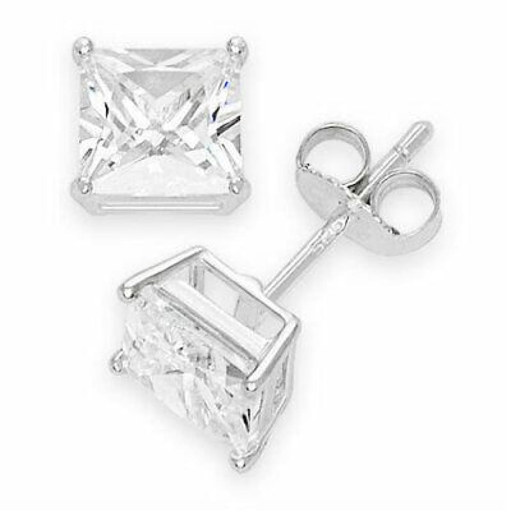 18K White Gold Plated Princess Cut Crystal  CZ Stud Earrings 