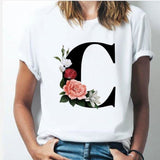 26 alphabet letter women T-shirt A To Z Alphabet combination flowers Short Sleeve casual Top C / XXXL