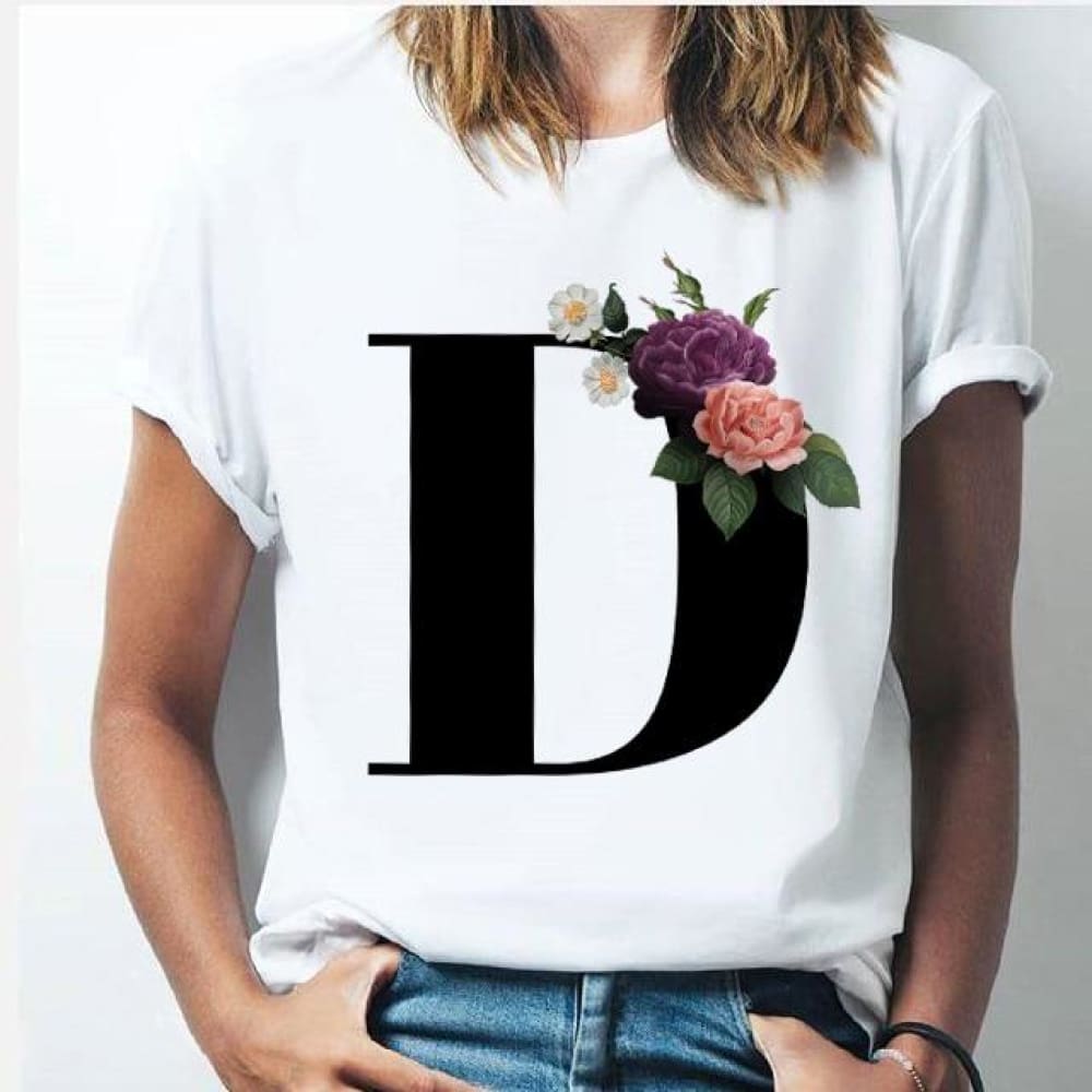 26 alphabet letter women T-shirt A To Z Alphabet combination flowers Short Sleeve casual Top D / S