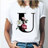 26 alphabet letter women T-shirt A To Z Alphabet combination flowers Short Sleeve casual Top U / XXL
