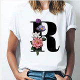 26 alphabet letter women T-shirt A To Z Alphabet combination flowers Short Sleeve casual Top R / XXXL