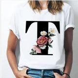 26 alphabet letter women T-shirt A To Z Alphabet combination flowers Short Sleeve casual Top T / L