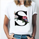 26 alphabet letter women T-shirt A To Z Alphabet combination flowers Short Sleeve casual Top S / S