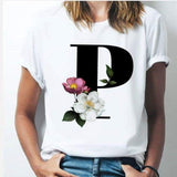 26 alphabet letter women T-shirt A To Z Alphabet combination flowers Short Sleeve casual Top P / L