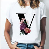 26 alphabet letter women T-shirt A To Z Alphabet combination flowers Short Sleeve casual Top V / XXXL