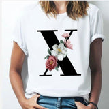 26 alphabet letter women T-shirt A To Z Alphabet combination flowers Short Sleeve casual Top X / L