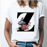 26 alphabet letter women T-shirt A To Z Alphabet combination flowers Short Sleeve casual Top Z / XXXL