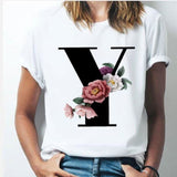 26 alphabet letter women T-shirt A To Z Alphabet combination flowers Short Sleeve casual Top Y / XXL