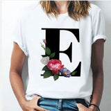 26 alphabet letter women T-shirt Girl A To Z Alphabet combination flowers Short Sleeve casual Korean Style Tops,Drop Ship E / L