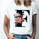 26 alphabet letter women T-shirt Girl A To Z Alphabet combination flowers Short Sleeve casual Korean Style Tops,Drop Ship F / XXL