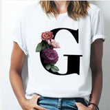 26 alphabet letter women T-shirt Girl A To Z Alphabet combination flowers Short Sleeve casual Korean Style Tops,Drop Ship G / XXXL