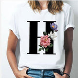26 alphabet letter women T-shirt Girl A To Z Alphabet combination flowers Short Sleeve casual Korean Style Tops,Drop Ship H / S