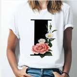 26 alphabet letter women T-shirt Girl A To Z Alphabet combination flowers Short Sleeve casual Korean Style Tops,Drop Ship I / L