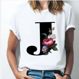 26 alphabet letter women T-shirt Girl A To Z Alphabet combination flowers Short Sleeve casual Korean Style Tops,Drop Ship J / XXL
