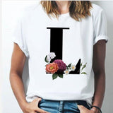 26 alphabet letter women T-shirt Girl A To Z Alphabet combination flowers Short Sleeve casual Korean Style Tops,Drop Ship