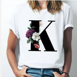 26 alphabet letter women T-shirt Girl A To Z Alphabet combination flowers Short Sleeve casual Korean Style Tops,Drop Ship K / XXXL