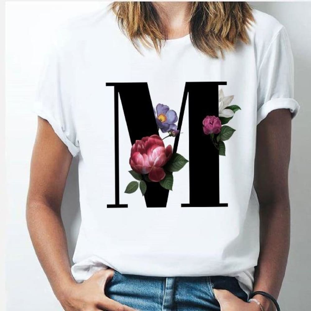 26 alphabet letter women T-shirt Girl A To Z Alphabet combination flowers Short Sleeve casual Korean Style Tops,Drop Ship M / L