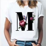 26 alphabet letter women T-shirt Girl A To Z Alphabet combination flowers Short Sleeve casual Korean Style Tops,Drop Ship M / L